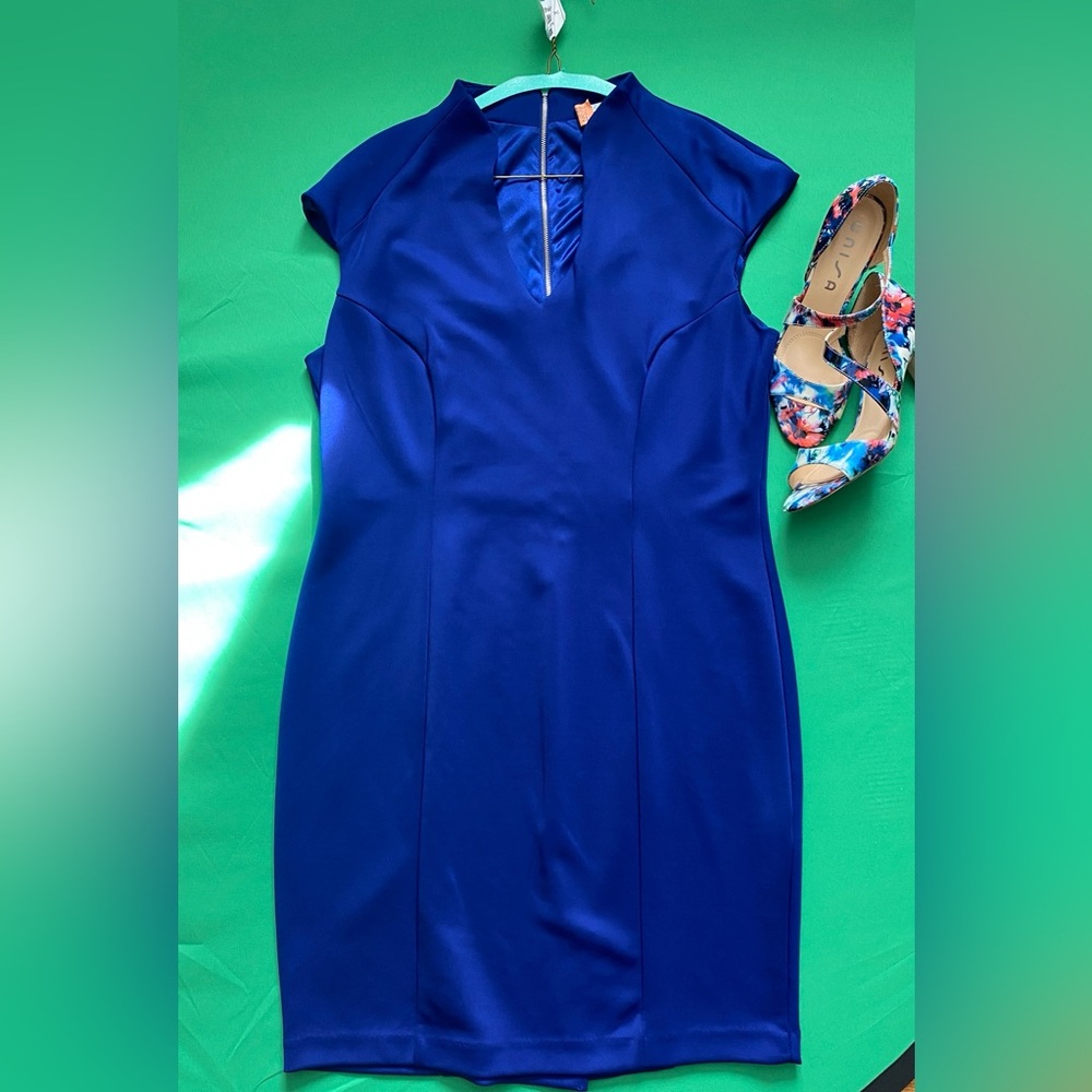 New York & Company Blue Sheath Mini Dress with Mock Neck